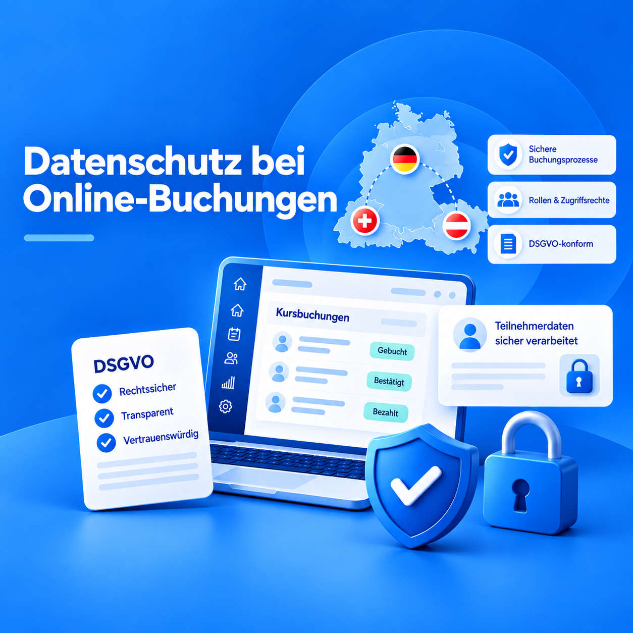 Datenschutz bei Online-Buchungen: Kursverwaltung, Schutzschild und Schloss vor einer Karte von Deutschland, Österreich und der Schweiz