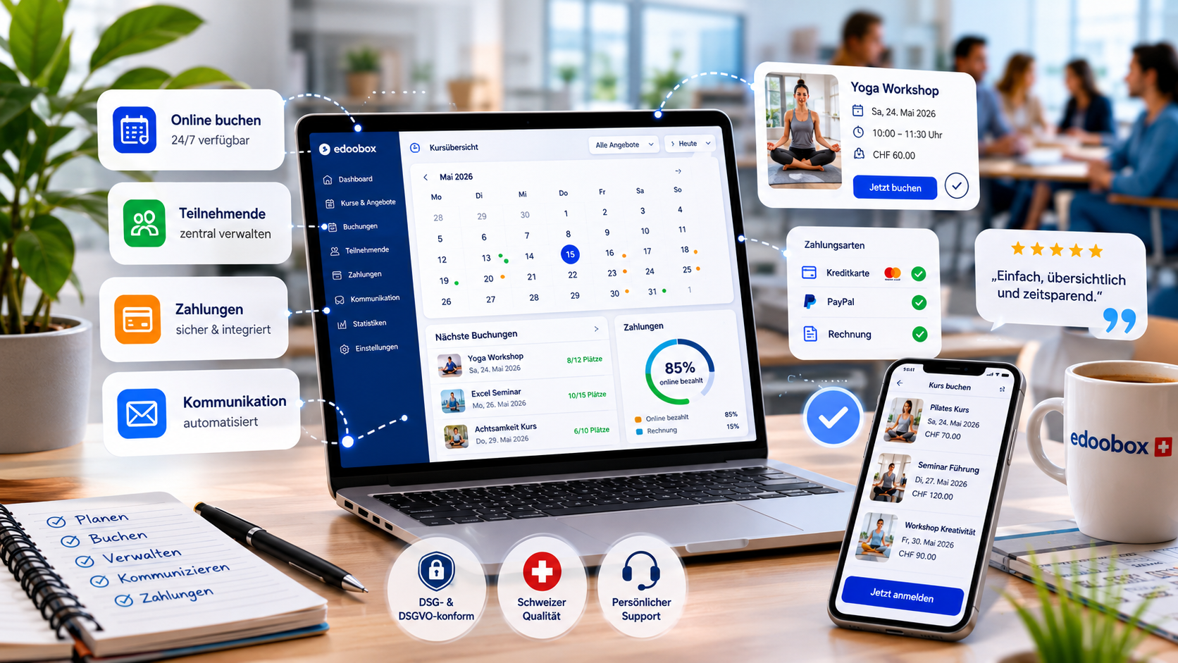 Software edoobox pro rezervace kurzů na notebooku a telefonu s rezervací, platbou a komunikací
