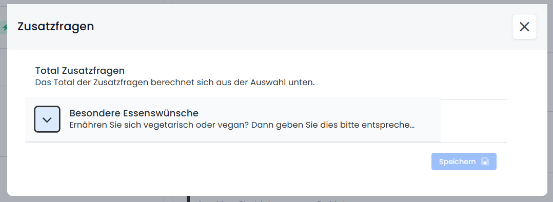 edoobox Dialog für Zusatzfragen eines Teilangebots mit der Zusatzfrage „Besondere Essenswünsche“