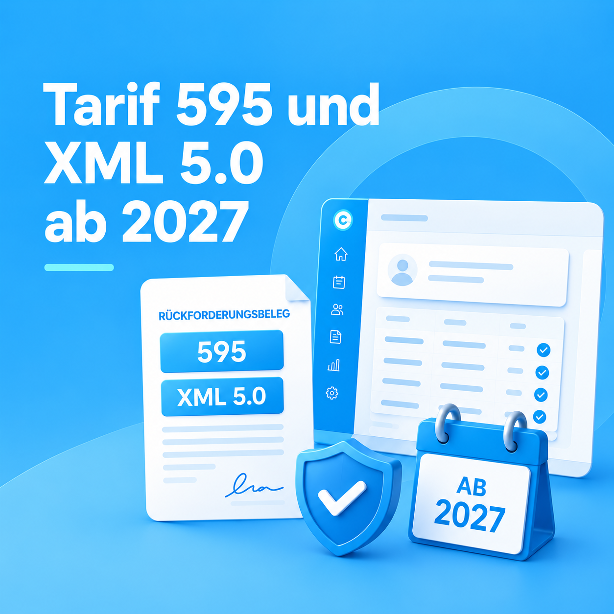 Illustration of Tariff 595 and XML 5.0 with a reimbursement receipt, the edoobox interface, and a calendar showing 2027