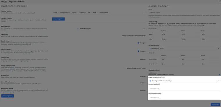 Design-Manager-Widget mit hervorgehobener Sichtbarkeit für angemeldete Besucher und positiven sowie negativen Tagbedingungen.