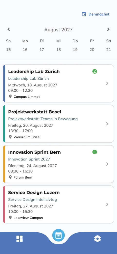 Wochenkalender von edoobox Entry mit vier anstehenden Terminen im August 2027.