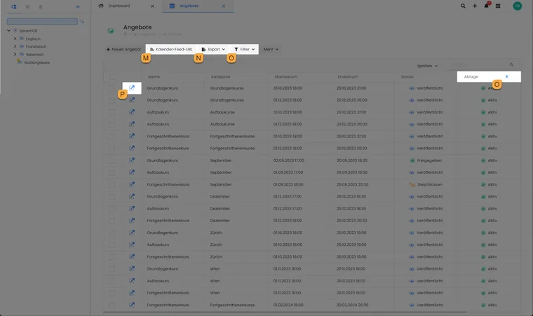 Angebotstabelle mit markierten Aktionen für Kalender-Feed, Export, Filter und das Öffnen eines Datensatzes.