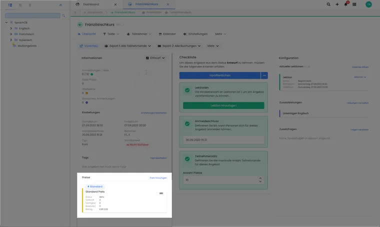 Preisbereich im Angebotsdashboard mit einer Standard-Preiskategorie und der Aktion Preis hinzufügen.