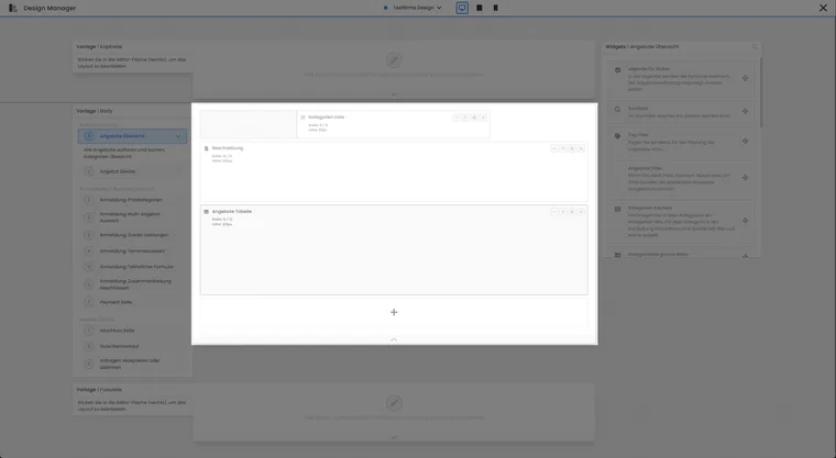 Design Manager mit einem Beschreibungs-Widget zwischen Kategorienliste und Angebotstabelle.