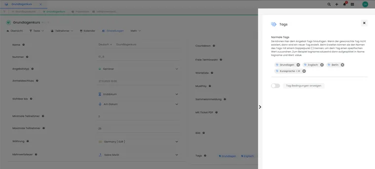 Geöffnete Tag-Sidebar eines Angebots mit mehreren normalen Tags und einem Tag mit Sprachwert.