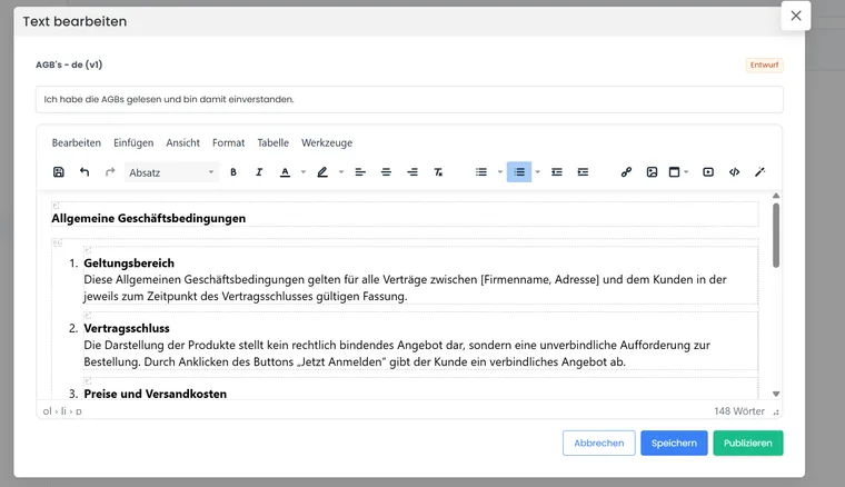 Gesetzestext im Editor mit Status Entwurf und den Aktionen Speichern und Publizieren.