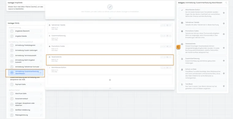 Design Manager mit Vorlage Anmeldung Zusammenfassung Abschliessen und hervorgehobenem Gesetzestexte-Widget C.