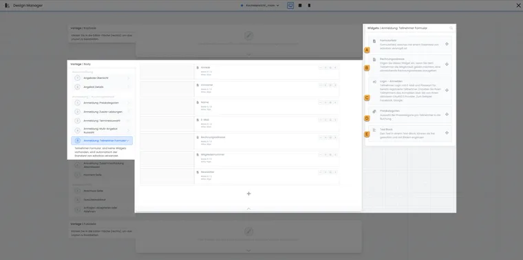 Teilnehmerformular im Design Manager mit Widgets A bis E