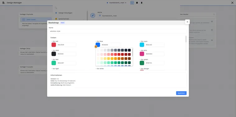 Bootstrap-Farbeinstellungen mit geöffnetem Color-Picker und Markierung B