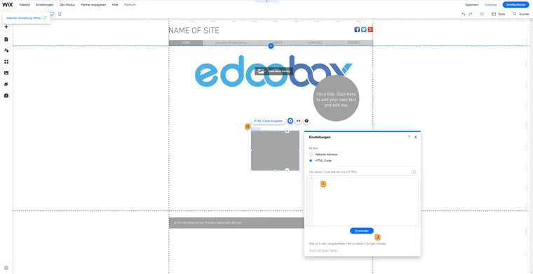 HTML-Einbettung im klassischen Wix-Editor mit Markierungen H, I und J