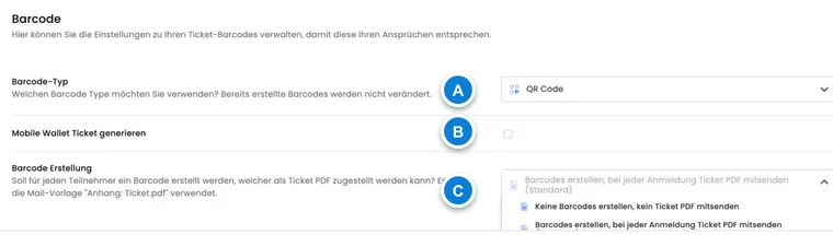 Barcode- und Ticket-Einstellungen mit geöffneten Erstellungsvarianten