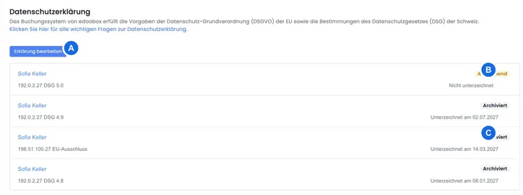 Datenschutzerklärung mit offenem und archivierten Unterzeichnungsständen