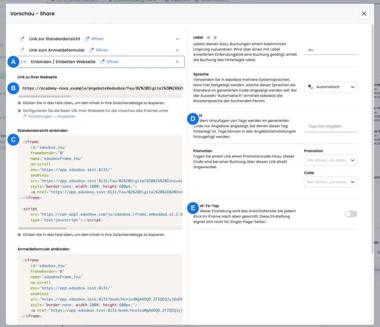 Vorschau-Share und Einbindungscode
