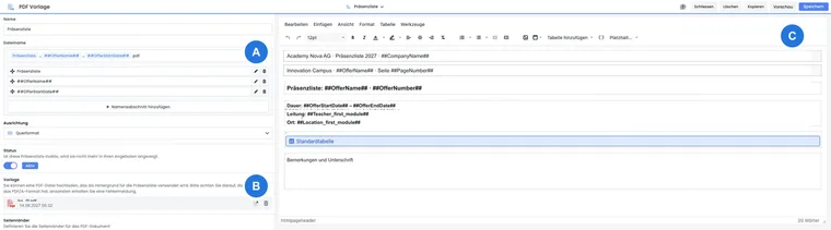 PDF-Vorlageneditor mit Dateiname, Hintergrund und Platzhaltern
