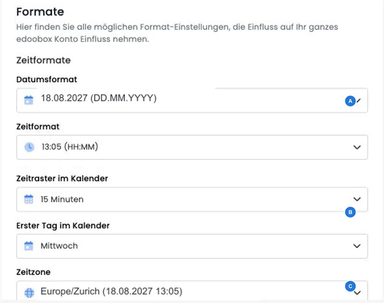 Datumsformat, Zeitformat, Kalenderraster, erster Wochentag und Zeitzone