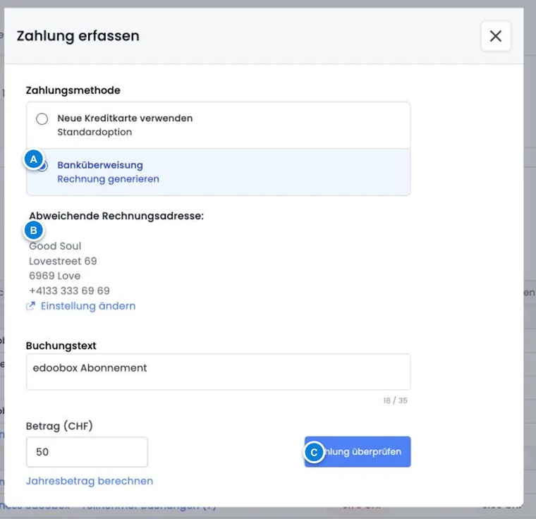 Zahlungsdialog mit ausgewählter Rechnung