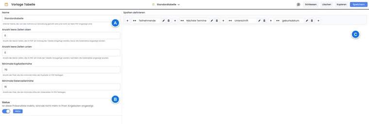 Tabellenvorlage mit Termin- und Unterschriftsspalte