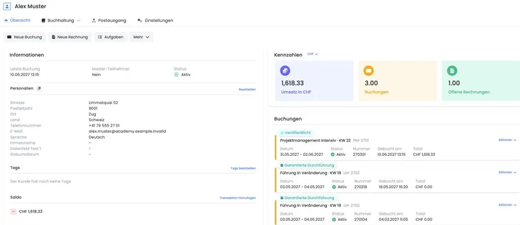 Teilnehmerprofil mit Stammdaten, Buchungen, Navigation und Aktionen