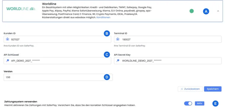 Worldline/Saferpay mit maskierten Demozugangsdaten