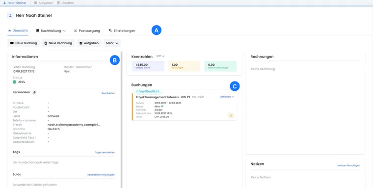 Echte edoobox Benutzerprofil-Übersicht mit Personalien, Kennzahlen, Buchungen, Rechnungen und Notizen in einem Demo-Konto.