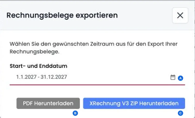 Echter edoobox Dialog Rechnungsbelege exportieren mit dem Zeitraum 01.01.2027 bis 31.12.2027 und den Optionen PDF sowie XRechnung V3 ZIP.