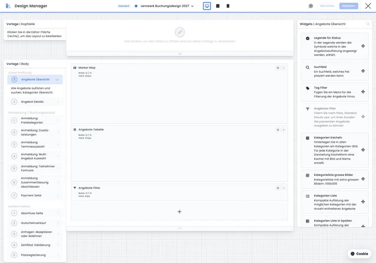 Design Manager mit Widget-Auswahl in der rechten Seitenleiste.