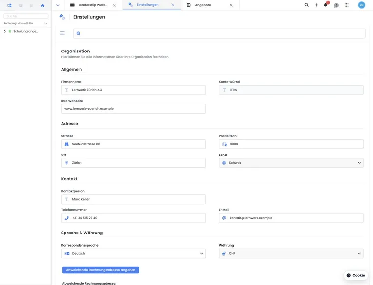 Globale Einstellungen mit Organisation und Kontoinformationen.