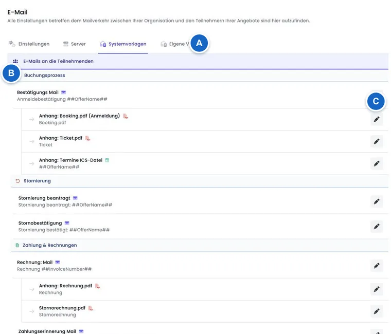 Echte edoobox E-Mail-Systemseite mit Einstellungen, Systemvorlagen und Postausgang.