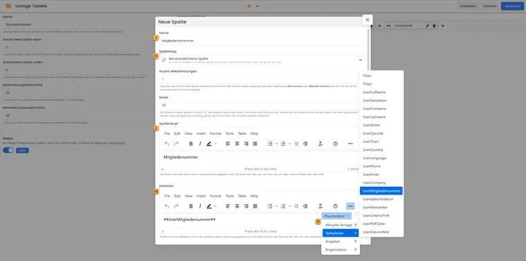 Custom attendance list column with a column header and participant data placeholder, marked J to N