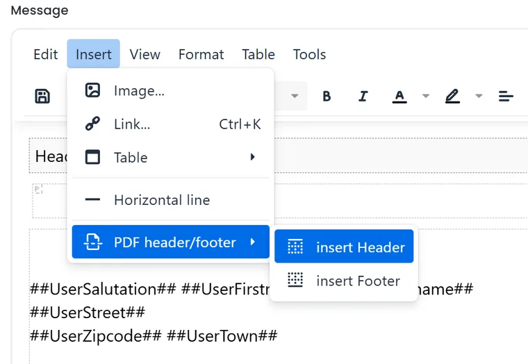 Opened editor menu Insert with PDF header/footer and the actions insert Header and insert Footer.