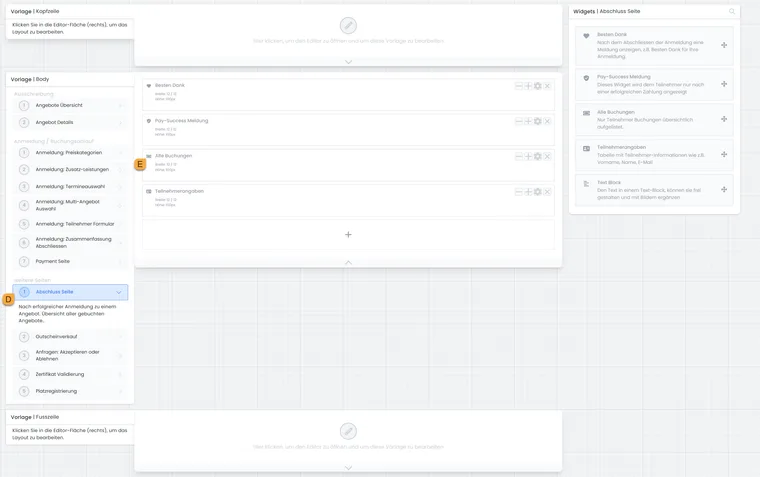 Design Manager with the completion page selected and the All bookings widget marked D and E