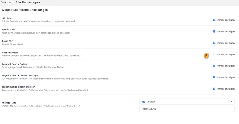 Assign place setting in the All bookings widget with marker F