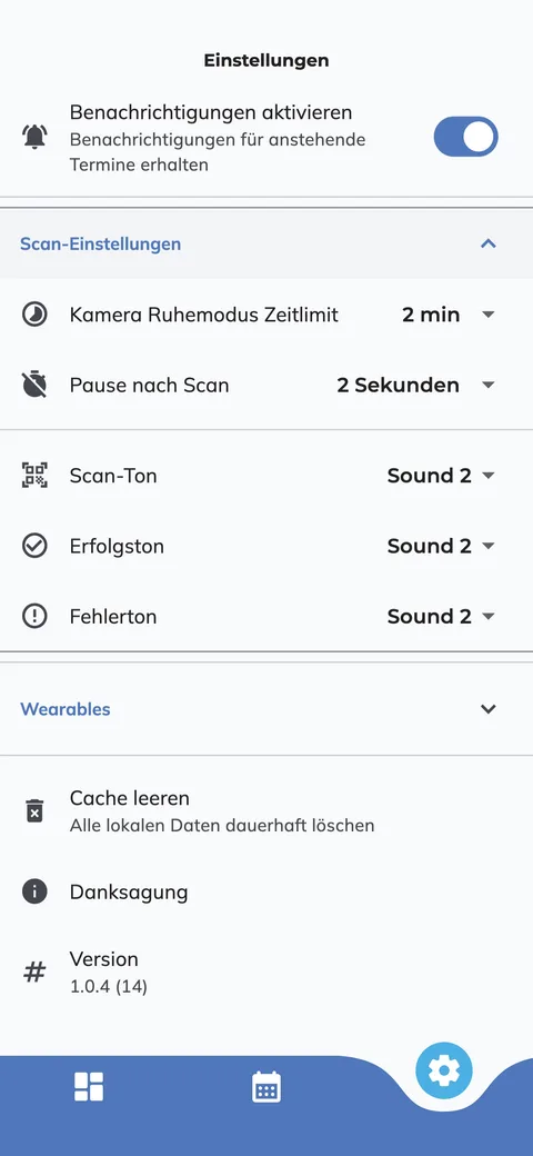 Scan settings of edoobox Entry with camera idle mode, scan pause, and signal tones.