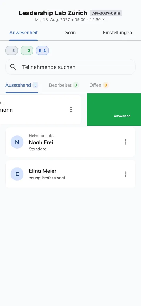 Participant list of edoobox Entry with the swipe action Present opened.