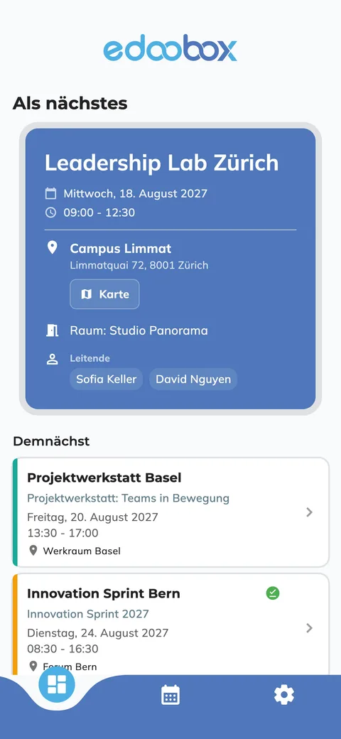 edoobox Entry home screen showing the next session, Leadership Lab Zürich, and further sessions in August 2027.