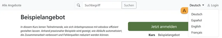 Booking page for an example offer with an open language menu and marker A beside Deutsch, Español, English and Français.