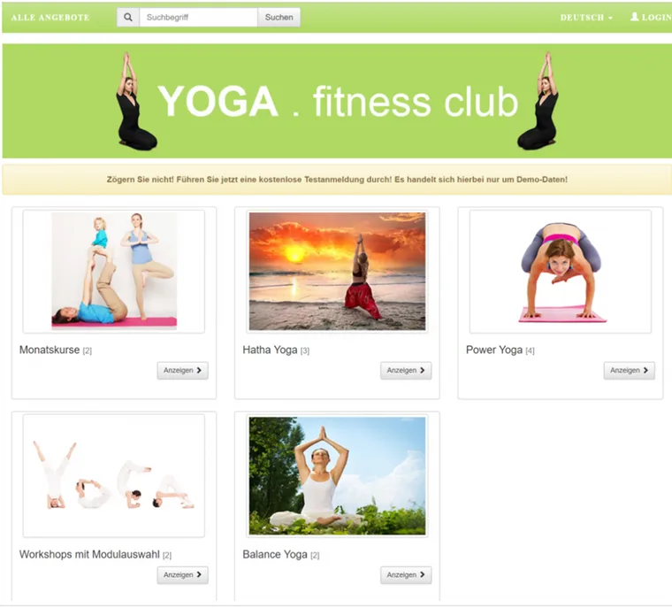 Public yoga demonstration page with illustrated course categories