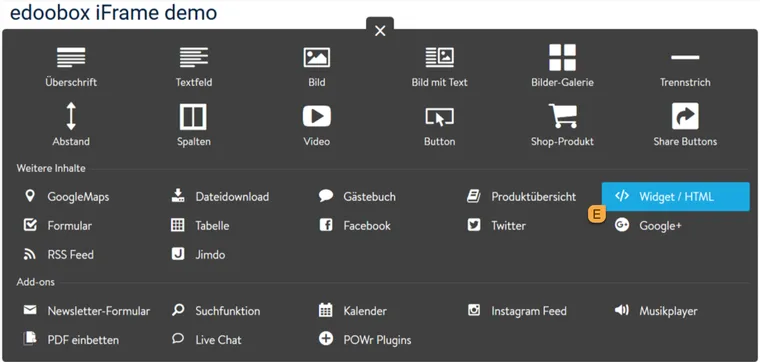 Content selection in Jimdo Creator with highlighted Widget/HTML element E