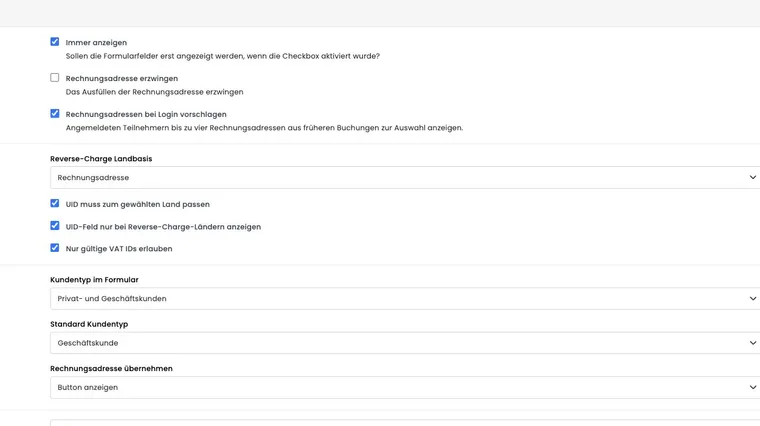 Settings of the billing address widget with login suggestions, customer type, and reverse charge check