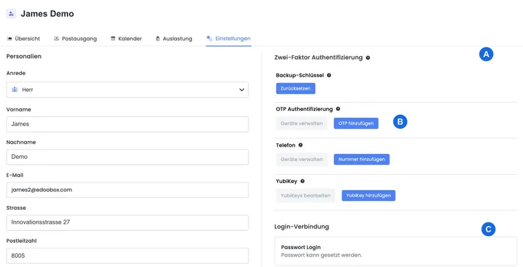 Admin profile with two-factor authentication, OTP, phone, YubiKey, and login connection