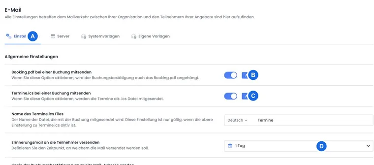 Email settings with Booking.pdf, Termine.ics and reminder time