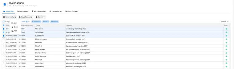 Booking table with filters, columns and selected bookings.