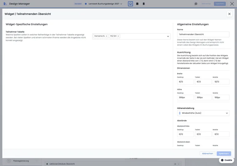Widget settings in the Design Manager with general and specific options.