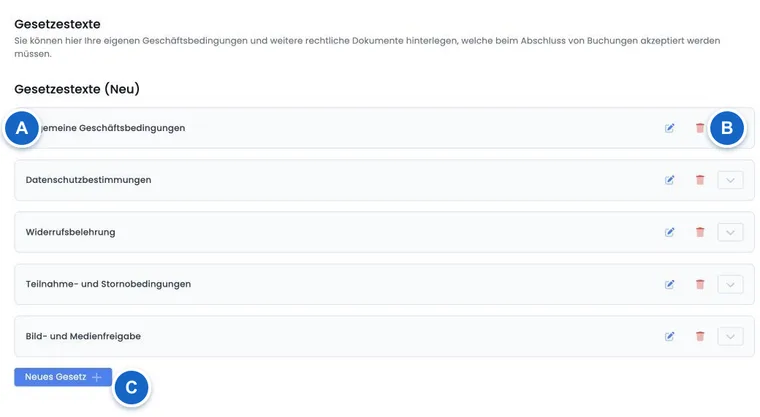 Actual edoobox Legal texts settings screen showing multilingual texts and versions in a demo account.