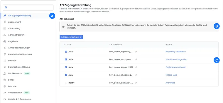 API access management in edoobox with separate demonstration accounts for different integrations.