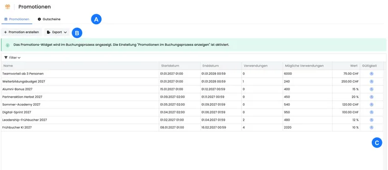 Promotion overview in edoobox V2 with ongoing, expired and scheduled campaigns