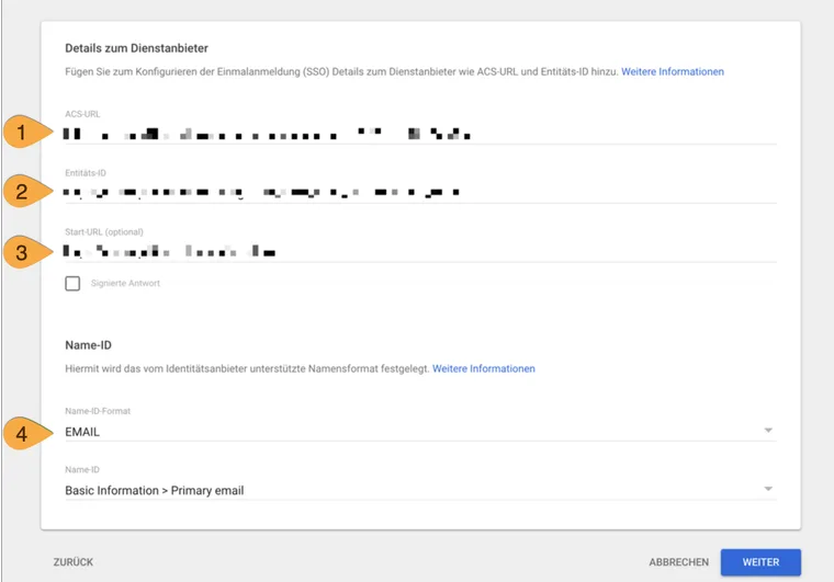 Google Workspace service provider settings with markers 1 to 4 for ACS URL, Entity ID, optional Start URL and Name ID format EMAIL.