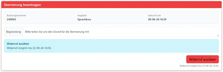 Boîte publique d’annulation avec motif, délai de rétractation et action Exercer le droit de rétractation.