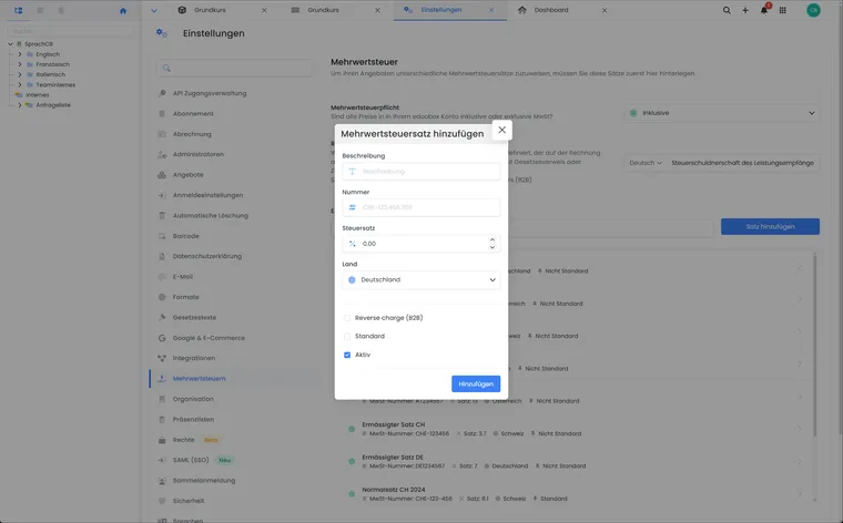 Boîte de dialogue Ajouter un taux de TVA avec description, numéro, taux, pays, autoliquidation, statut par défaut et état d’activation.